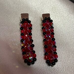 Handmade 2 inch silver hair clips adorned with red Czech crystals & onyx stones